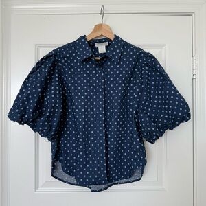 Blue polka dot balloon sleeve cotton button down top sz medium L.I.F.E. vintage